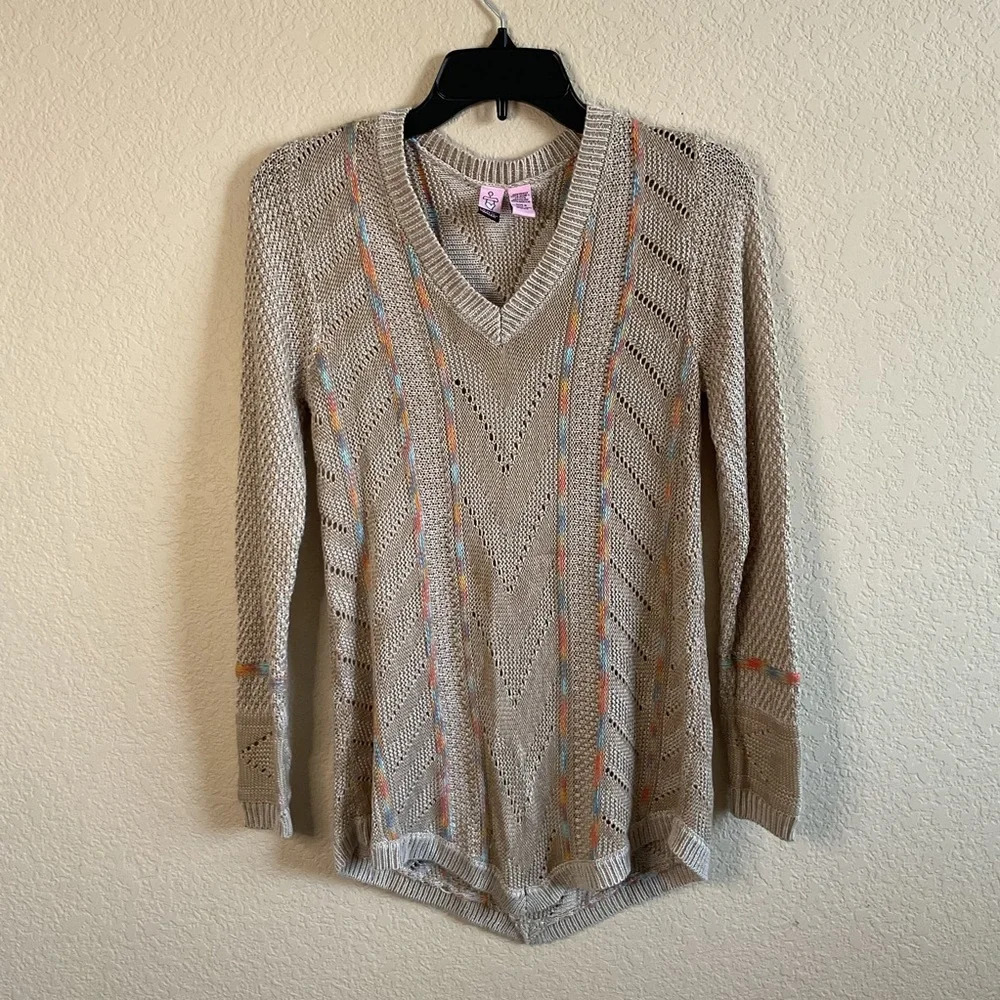 Anthropology Love On a Hanger Womens Tan Blue Orange‎ Knit V-Neck Sweater Small
